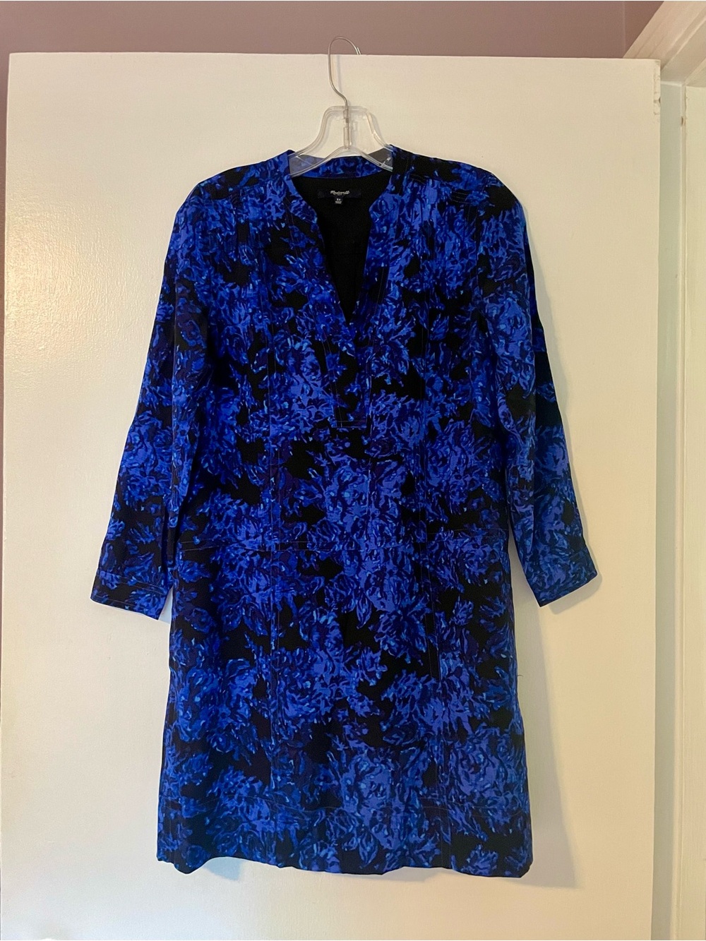 Madewell Longsleeve Blue and Black Silk Shift Dress